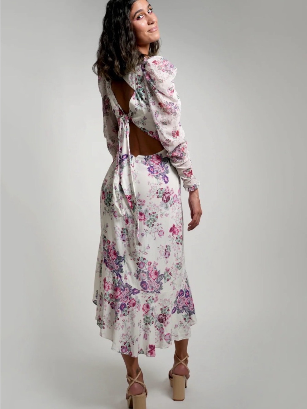 For Love & Lemons White Midi w/ Pink & Purple Floral Print Ruching & Open Back S - Picture 2 of 14